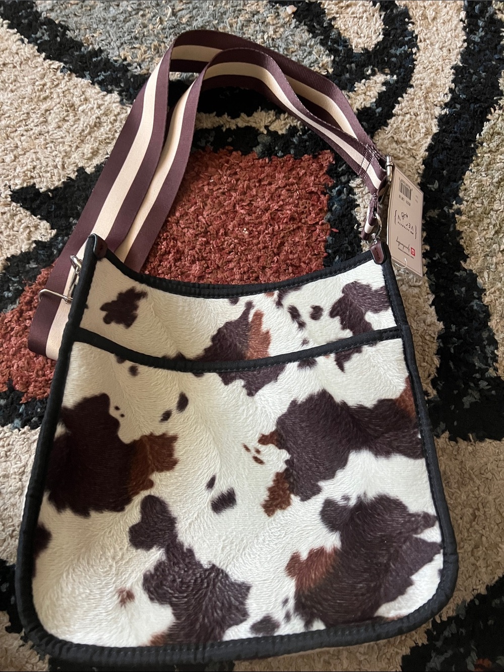 Cow-Print Shoulder Bag with Striped Adjustable Strap - Brown/White